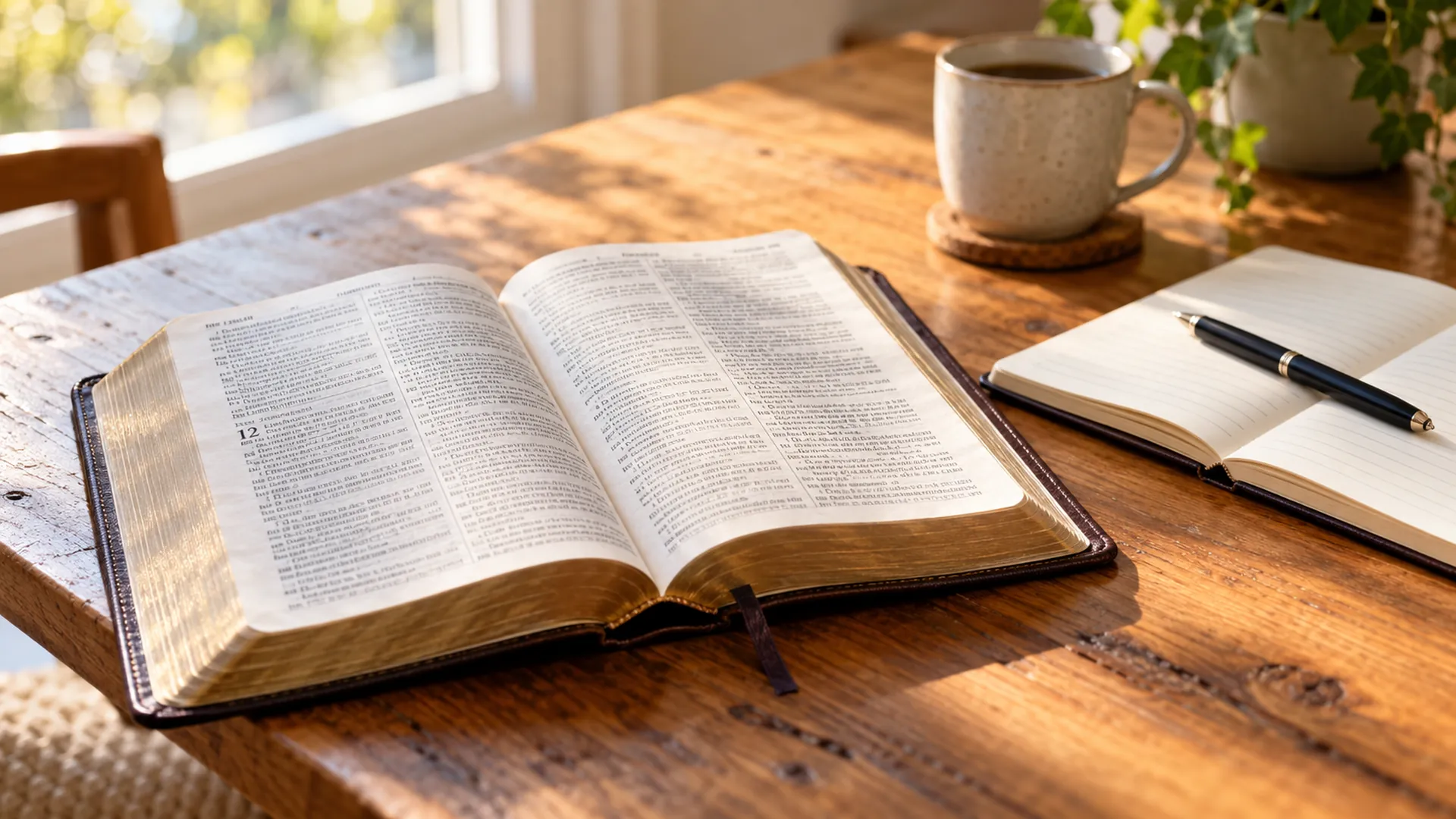 An open Bible on a wooden table beside a notebook, pen, and a cup of coffee in morning light