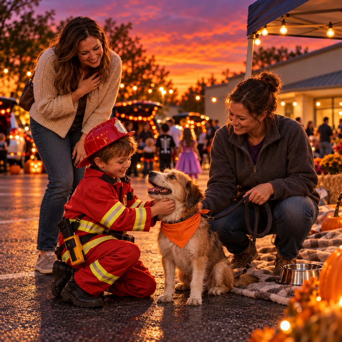 A boy in a firefighter costume pets a scruffy rescue dog wearing an orange bandana while its handler kneels beside them at the rescue booth