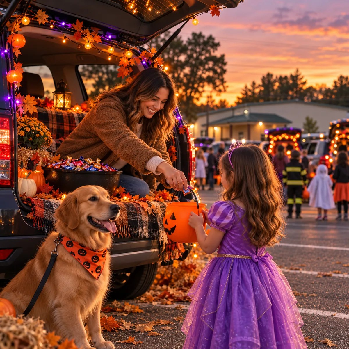 A mom in a brown jacket drops candy into a girl's pumpkin bucket beside a golden retriever in an orange bandana, at a decorated trunk glowing with string lights at sunset
