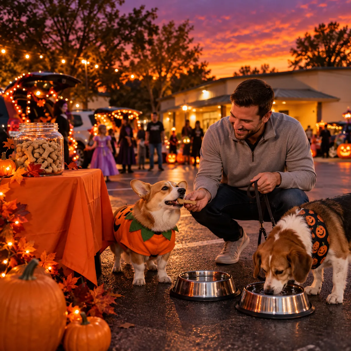 A dad gives a treat to a corgi in a pumpkin costume while a beagle drinks from a water bowl at an orange treat table under string lights