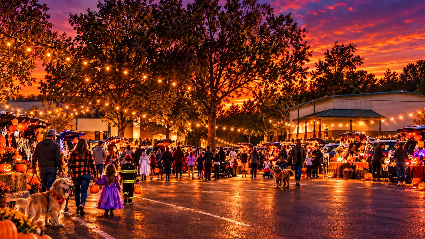 A church parking lot at sunset with decorated car trunks, string lights, carved pumpkins, kids in costumes, and golden retrievers on leashes