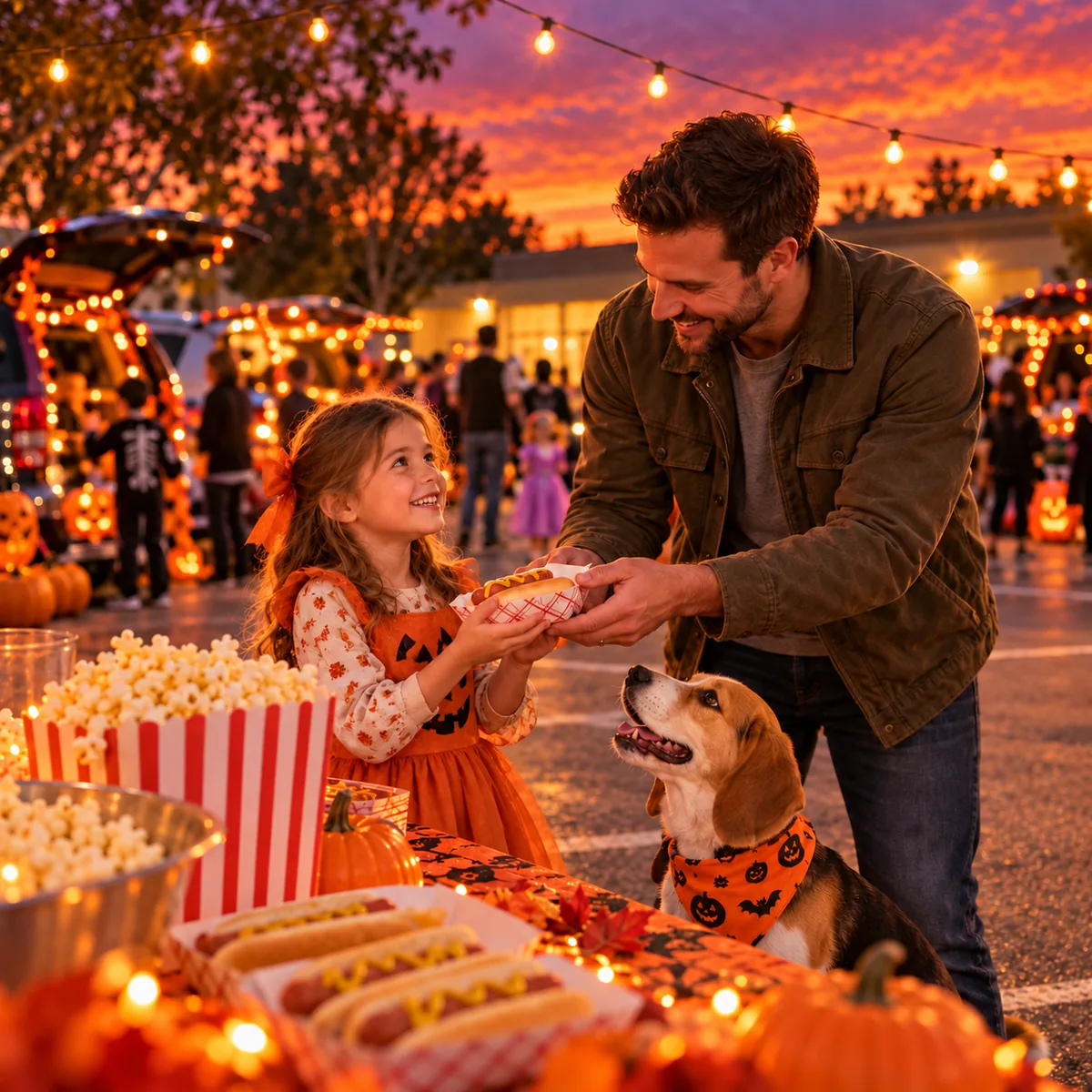 A dad hands a hot dog to his smiling daughter in a pumpkin dress while their beagle looks up, next to a table of popcorn and hot dogs